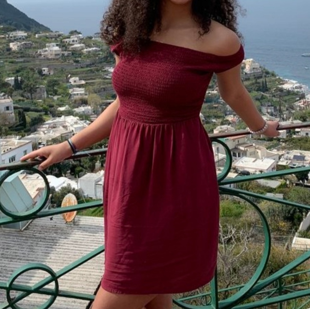 maroon off the shoulder dress